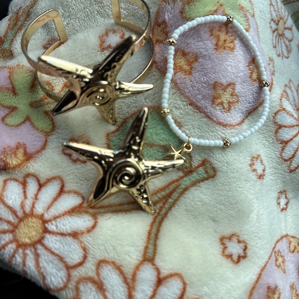 Gold Starfish Cuff and White Beaded Bracelet Set